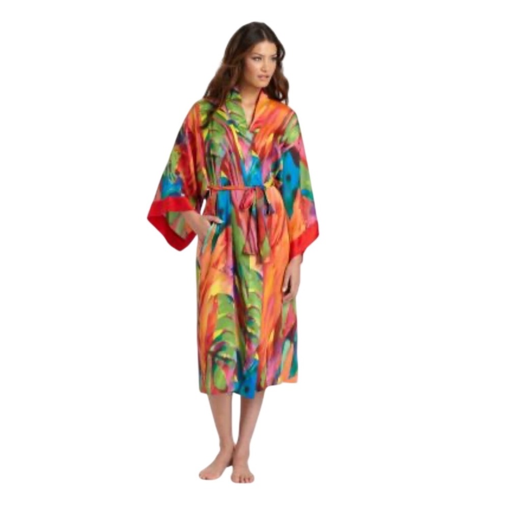 NWT Natori Private Luxuries Bengal Satin Kimono Robe L/XL Watercolor Resort